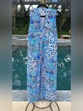 Natori MED blue teal white floral geometric print sleeveless v-neck maxi dress